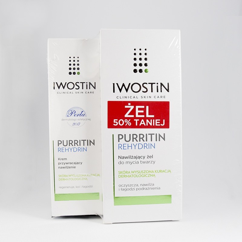 Iwostin Purritin rehydrin zestaw: krem przywracający nawilżenie + żel nawilżający do mycia twarzy, 40 ml + 150 ml 