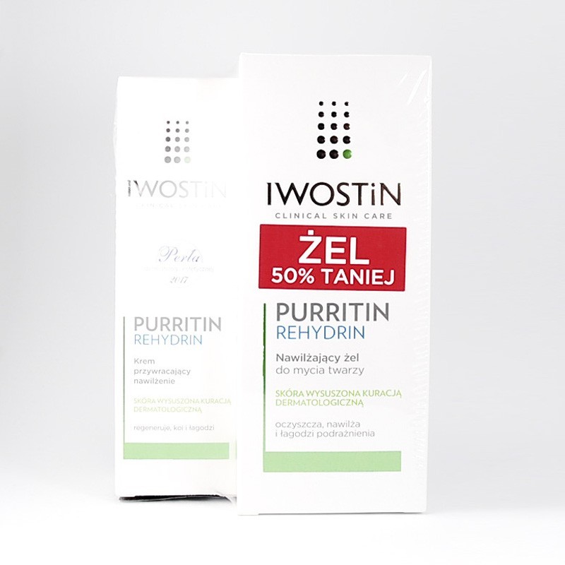 Iwostin Purritin rehydrin zestaw: krem przywracający nawilżenie + żel nawilżający do mycia twarzy, 40 ml + 150 ml 