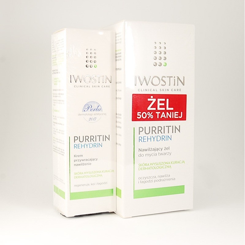 Iwostin Purritin rehydrin zestaw: krem przywracający nawilżenie + żel nawilżający do mycia twarzy, 40 ml + 150 ml 