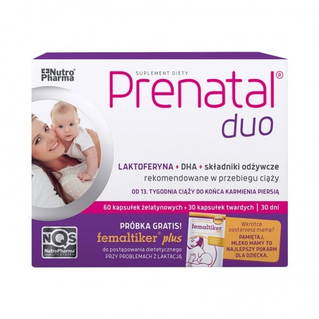  Prenatal Duo, 30 kapsułek twardych + 60 kapsułek żelowych + Femaltiker Plus, smak karmelowy, 1 saszetka gratis 