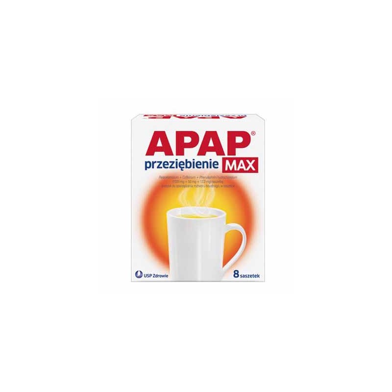 Apap Przeziębienie Max 1000 mg + 50 mg + 12,2 mg, proszek do sporządzania roztworu doustnego, 8 saszetek 