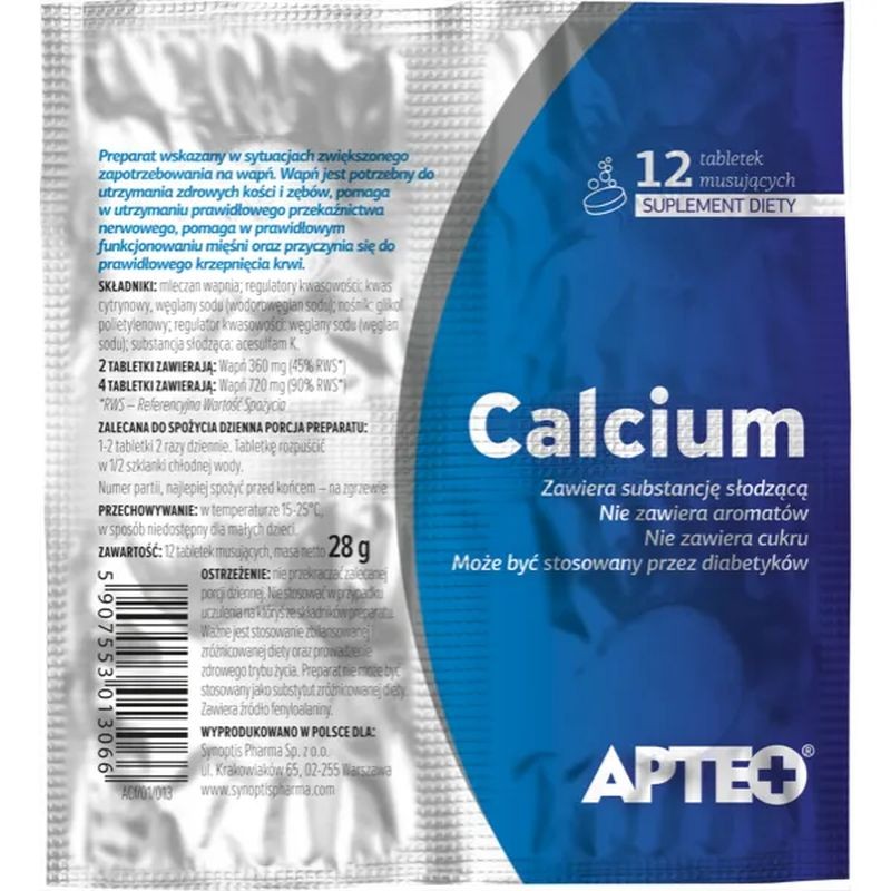 Calcium w folii Apteo, wapń, 12 tabletek musujących 