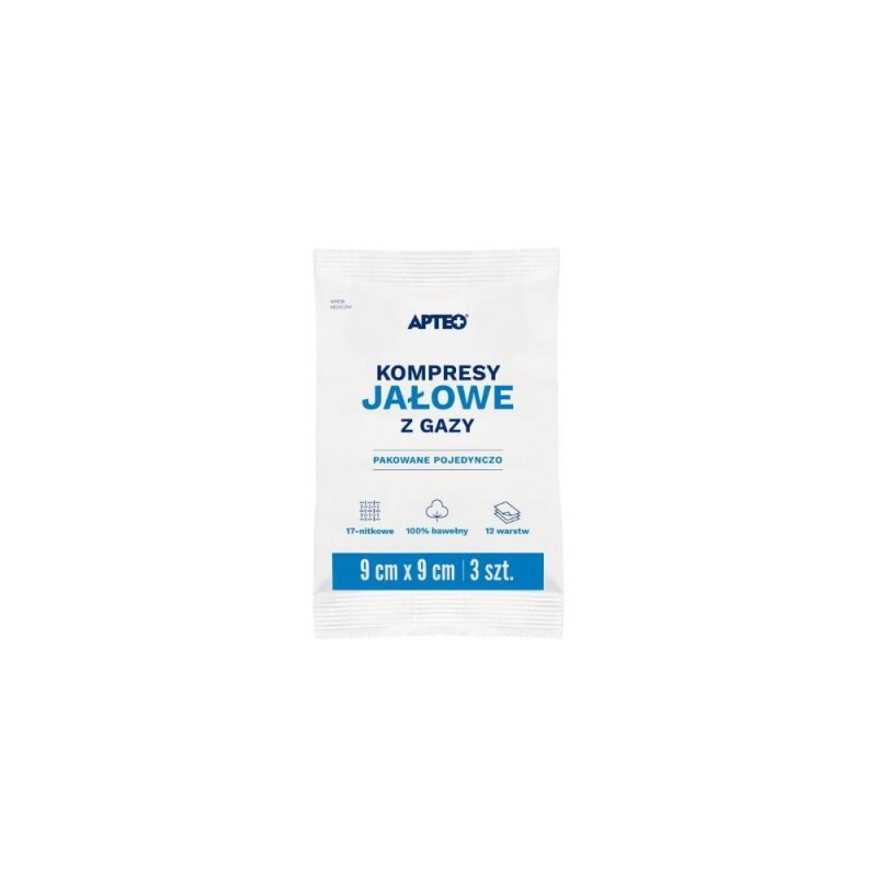 Apteo Care Kompresy jałowe z gazy 9 cm x 9 cm, 3 sztuki 