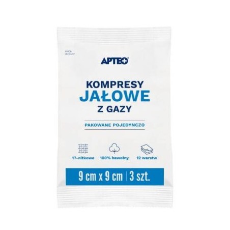 Apteo Care Kompresy jałowe z gazy 9 cm x 9 cm, 3 sztuki