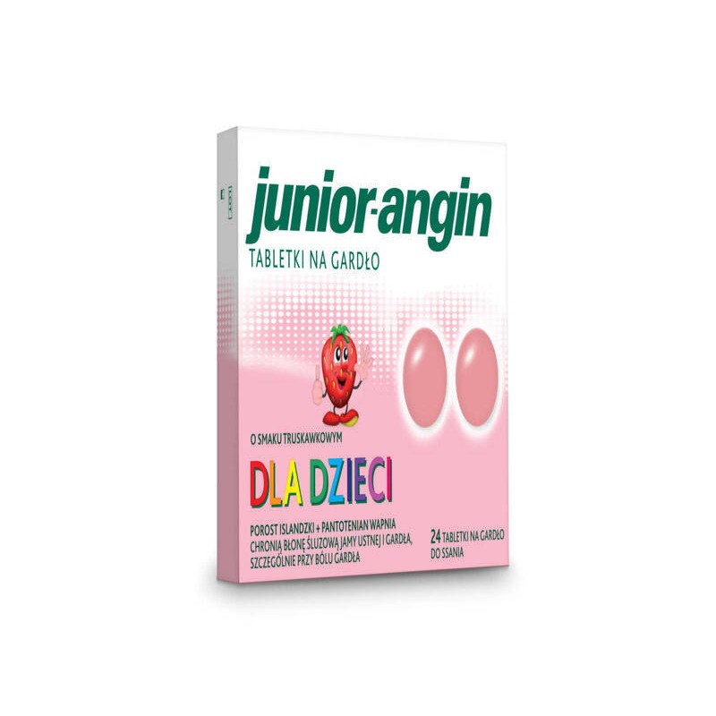 Junior-angina na gardło dla dzieci o smku truskawkowy, 24 tabletki do ssania 