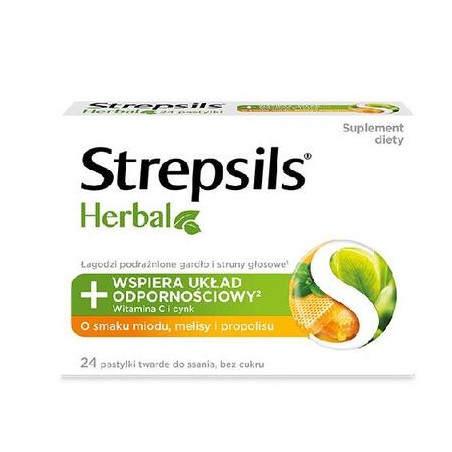  Strepsils Herbal o smaku miodu, melisy i pomarańczy, 24 tabletki do ssania 