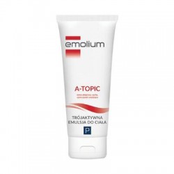 Emolium A-Topic, trójaktywna emulsja do ciała do skóry atopowej, suchej i uporczywie swędzącej, od 1 miesiąca, 200 ml