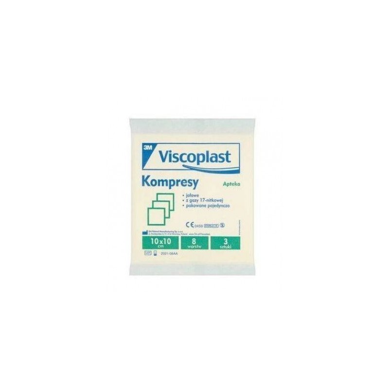 Viscoplast, kompresy jałowe z gazy, 17-nitkowe, 8-warstwowe, 10 cm x 10 cm, 3 sztuki 