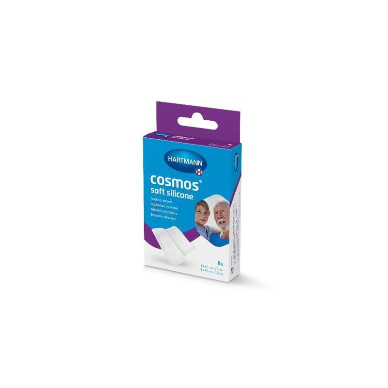 Cosmos Soft Silicone, plastry z klejem silikonowym, z opatrunkiem, włókninowe, delikatne, 8 sztuk 