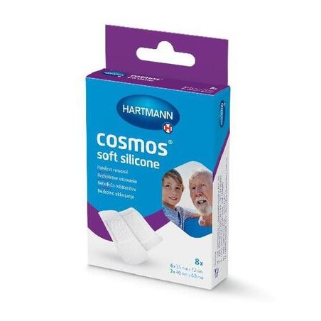 Cosmos Soft Silicone, plastry z klejem silikonowym, z opatrunkiem, włókninowe, delikatne, 8 sztuk