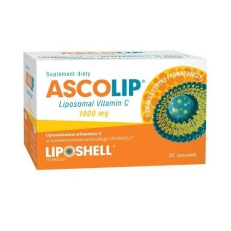  Ascolip Liposomalna witamina C 1000 mg, smak cytrynowy i pomarańczowy, 30 saszetek 
