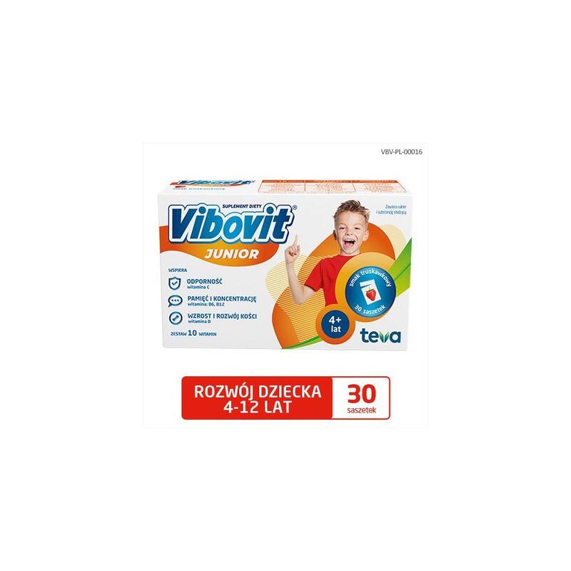 Vibovit Junior, dla dzieci w wieku 4-12 lat, smak truskawkowy,  saszetek30 