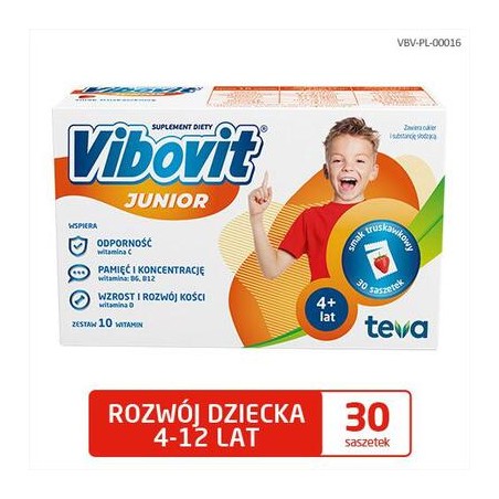  Vibovit Junior, dla dzieci w wieku 4-12 lat, smak truskawkowy,  saszetek30 