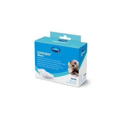  Cosmopor Silicone, opatrunek chłonny, samoprzylepny, sterylny, z silikonową warstwą kontaktową, 7,2 cm x 5 cm, 5 sztuk 