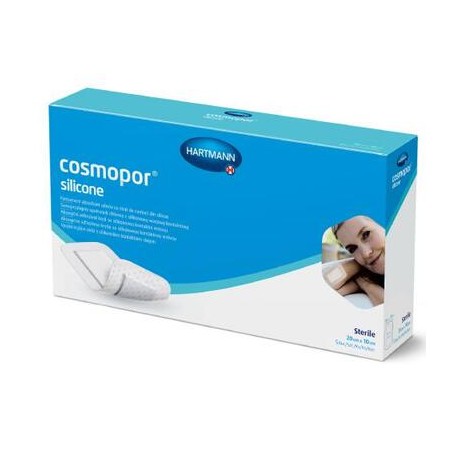  Cosmopor Silicone, opatrunek chłonny, samoprzylepny, sterylny, z silikonową warstwą kontaktową, 20 cm x 10 cm, 5 sztuk 