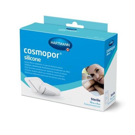  Cosmopor Silicone, opatrunek chłonny, samoprzylepny, sterylny, z silikonową warstwą kontaktową, 10 cm x 8 cm, 5 sztuk 
