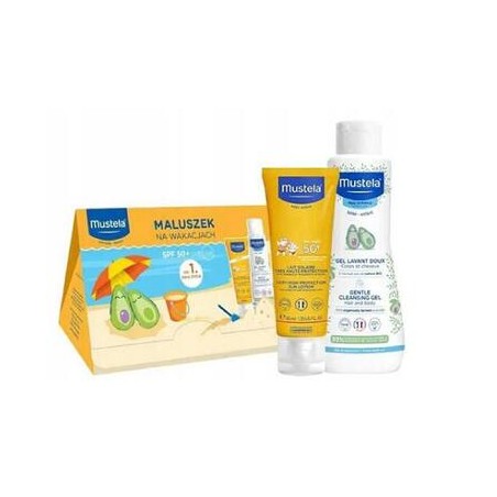  Zestaw Mustela Maluszek Na Wakacjach, mleczko przeciwsłoneczne, SPF 50+, 40 ml + żel do mycia, 100 ml 