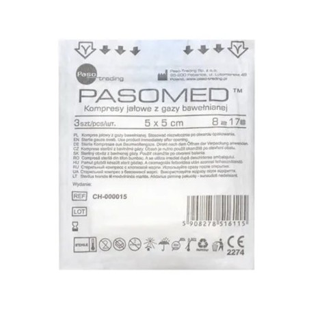  Pasomed Kompres jałowy 17-nitkowy 8-warstwowy, 3 sztuki 5x5 cm 