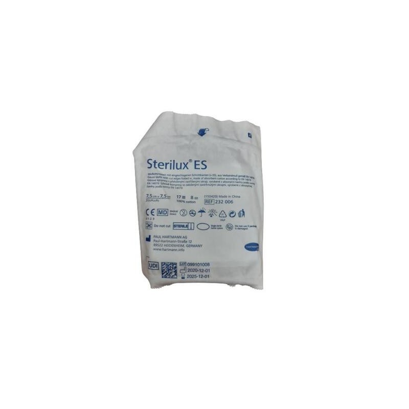Hartmann Sterilux ES kompresy z gazy jałowej 17 nitek 8 warstw 7,5cm x 7,5cm, 3 sztuki 