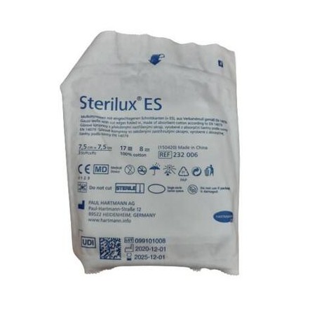 Hartmann Sterilux ES kompresy z gazy jałowej 17 nitek 8 warstw 7,5cm x 7,5cm, 3 sztuki