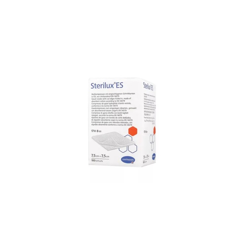 Hartmann Sterilux ES kompresy z gazy bawełnianej 17 nitek 8 warstw 7,5cm x 7,5cm, 100 sztuk 