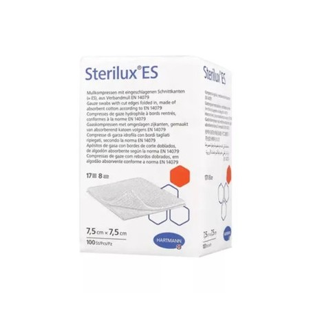  Hartmann Sterilux ES kompresy z gazy bawełnianej 17 nitek 8 warstw 7,5cm x 7,5cm, 100 sztuk 