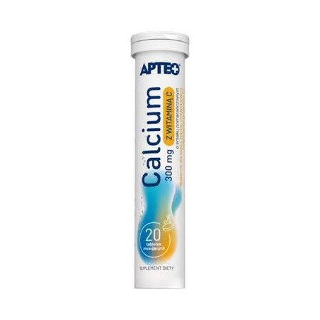  Calcium 300 mg z witaminą C Apteo, smak pomarańczowy, 20 tabletek musujących 