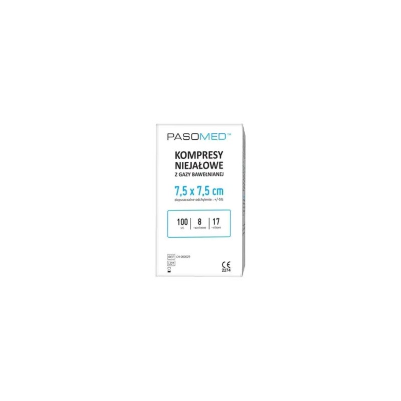 Kompresy gazowe Pasomed, niejałowe, 17-nitkowe, 8-warstwowe, 7,5 x 7,5 cm, 100 sztuk 