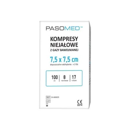  Kompresy gazowe Pasomed, niejałowe, 17-nitkowe, 8-warstwowe, 7,5 x 7,5 cm, 100 sztuk 