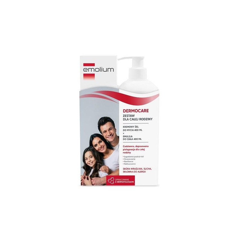 EMOLIUM DERMOCARE Zestaw dla całej rodziny Kremowy Żel do mycia, 400 ml + Emulsja do ciała, 400 ml 