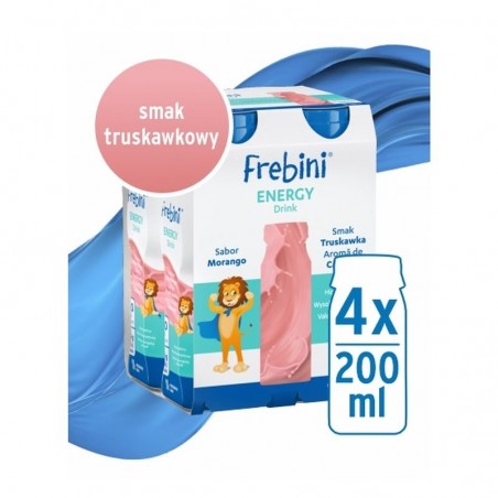 Frebini Energy Drink, preparat odżywczy dla dzieci 1-12 lat, smak truskawkowy, 4 x 200 ml