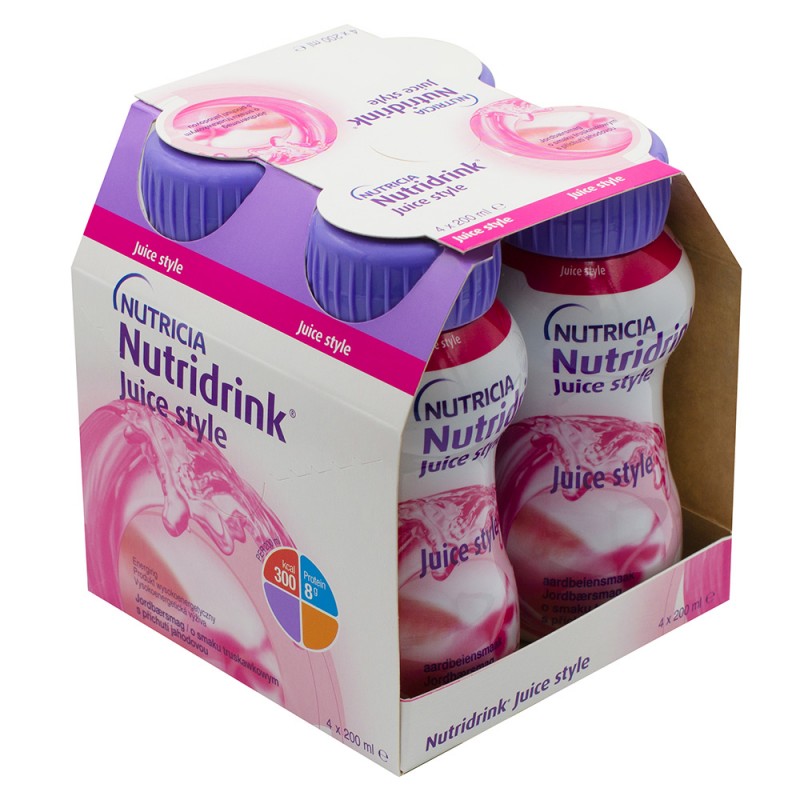 Nutridrink Juicy Style o smaku truskawkowym, 4 butelki po 200 ml 