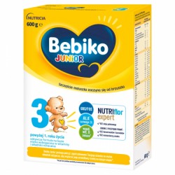Bebiko Junior 3 Nutriflor Expert, odżywcza formuła na bazie mleka, powyżej 1 roku, smak waniliowy, 600 g