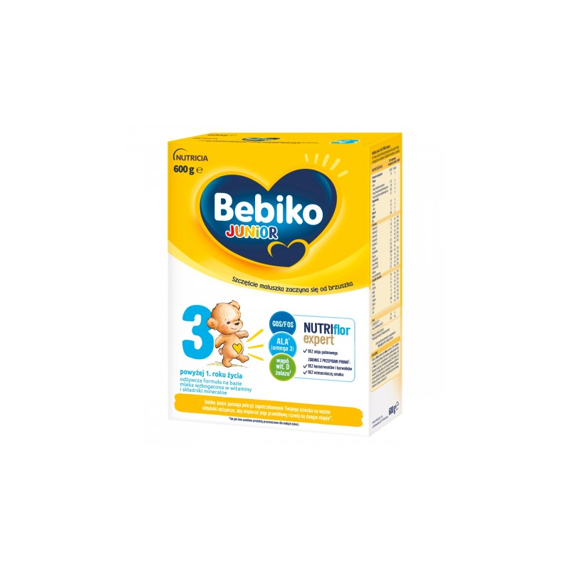 Bebiko Junior 3 Nutriflor Expert, odżywcza formuła na bazie mleka, powyżej 1 roku, smak waniliowy, 600 g 