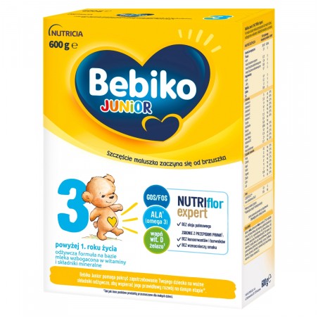 Bebiko Junior 3 Nutriflor Expert, odżywcza formuła na bazie mleka, powyżej 1 roku, smak waniliowy, 600 g