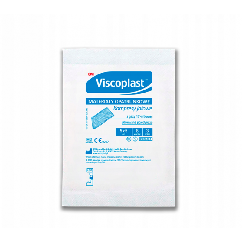 Viscoplast, kompresy jałowe z gazy, 17-nitkowe, 8-warstwowe, 5 cm x 5 cm, 3 sztuki 