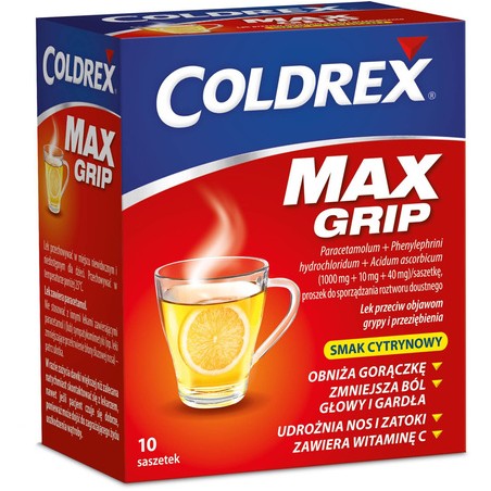  Coldrex Maxgrip o smaku cytrynowym (1000 mg + 40 mg + 10 mg), 10 saszetek 