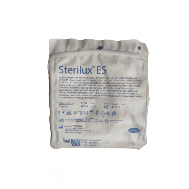 Hartmann Sterilux ES kompresy z gazy jałowej 17 nitek 8 warstw 10cm x 10cm, 3 sztuki 
