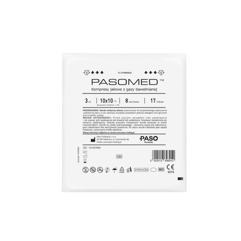 Pasomed Kompresy jałowe z gazy bawełnianej, 8-warstwowe, 17-nitkowe, 10x10cm 