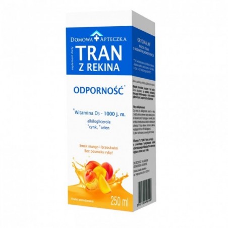  Tran z rekina grenlandzkiego o smaku mango-brzoskwinia płyn 250 ml 