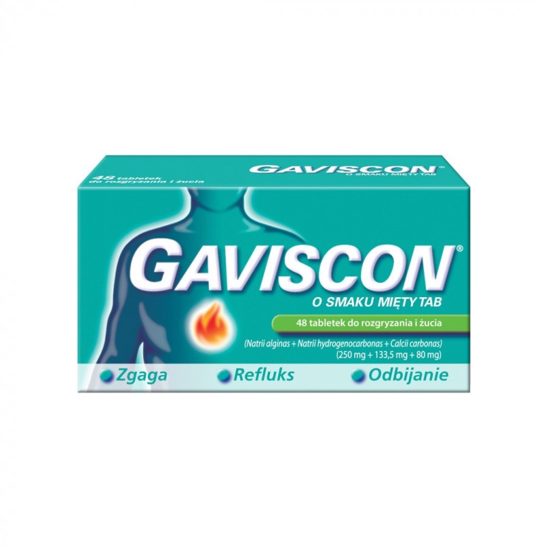 Gaviscon o smaku mięty 250 mg + 133,5 mg + 80 mg, 48 tabletek do rozgryzania i żucia 