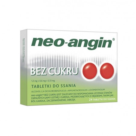  neo-angin bez cukru 1,2 mg + 0,6 mg + 5,72 mg, 24 tabletki do ssania 